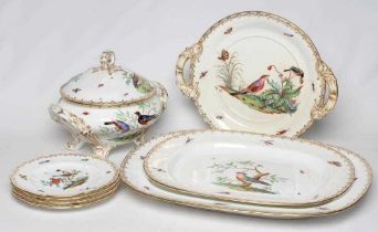 AN EARLY VICTORIAN COALBROOKDALE PORCELAIN PART SERVICE painted in polychrome enamels with exotic