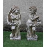 A PAIR OF CAST STONE FIGURES allegorical of Winter and Summer, on square base, 33" high (Est. plus