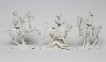 THREE NYMPHENBURG BLANC-DE-CHINE PORCELAIN "FRANKENTHAL HUNT" FIGURES, early 20th century, all