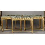 A SUITE OF GILTWOOD AND GREEN MARBLE SIDE TABLES, modern, of curved outline and in the neo classical