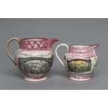 TWO SUNDERLAND PINK SPLASH LUSTRE DUTCH JUGS, one printed in black with the "... Bridge at