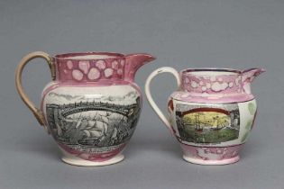 TWO SUNDERLAND PINK SPLASH LUSTRE DUTCH JUGS, one printed in black with the "... Bridge at