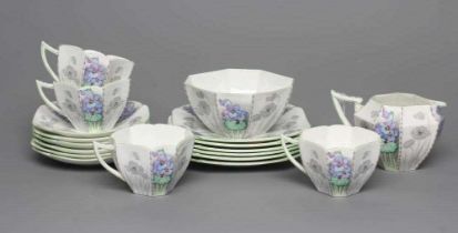 A SHELLEY CHINA QUEEN ANNE PART TEA SERVICE, 1930's, printed and over painted with the Violet