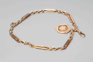 A 9CT GOLD FANCY WATCH CHAIN, with rope twist links tied by double oblong links, all stamped 375,