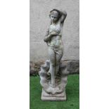 A CAST STONE FIGURE OF VENUS after Botticelli's "The Birth of Venus", on a stepped square base,