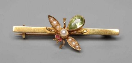 AN EDWARDIAN NOVELTY BAR BROOCH centred by an insect with seed pearl wings and head, ruby cabochon