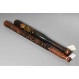 TWO CEREMONIAL POLICE TRUNCHEONS, one 15 1/4" long with waisted grip and painted with crown over