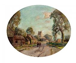 Y HERBERT F. ROYLE (1870-1958) Village Scene with Team of Work Horses, Church Beyond, oval oil on