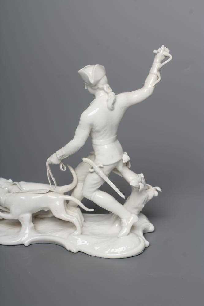 TWO NYMPHENBURG BLANC-DE-CHINE PORCELAIN "FRANKENTHAL HUNT" FIGURES, early 20th century, one - Image 6 of 6