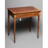 AN EDWARDIAN MAHOGANY AND INLAID PATERAE SIDE TABLE of oblong form with stringing, the banded top