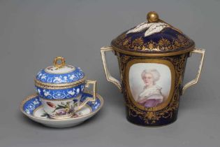 A FRENCH PORCELAIN LARGE TWO HANDLED CUP AND COVER, 19th century, of flared cylindrical form painted