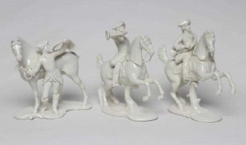 THREE NYMPHENBURG BLANC-DE-CHINE PORCELAIN "FRANKENTHAL HUNT" FIGURES, early 20th century, two