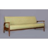 A RETRO AFRORMOSA TEAK SOFA BED, mid 20th century, upholstered in a pale green weave, shaped open
