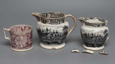 OF RAILWAY INTEREST - two graduated Staffordshire pottery "Dutch" jugs printed in underglaze black