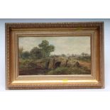 LEOPOLD RIVERS (1852-1905) Landscape with Figures on a Bridge, oil on canvas, signed, 8" x 14 1/