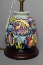 A MOORCROFT POTTERY MARTINIQUE PATTERN TABLE LAMP, modern, of rounded tapering cylindrical form,