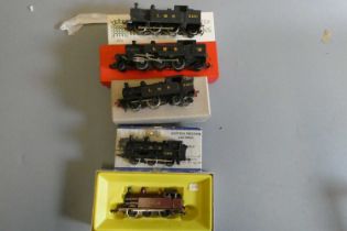 Five kit built locomotives comprising M.R. 0-6-0T, L.M.S. 0-6-0ST 11456, L.M.S. 4-4-0T 6400, L.M.