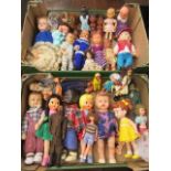 Two trays of mixed vintage dolls and figures, including celluloid, plastic, composition and vinyl