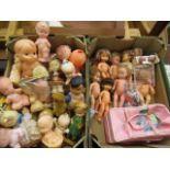 A box of Amanda Jane dolls, comprising seven dolls, a chair, carry cot and associated clothing,