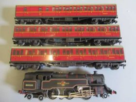 Hornby Dublo B.R. Suburban train with three Super Detail coaches and 2-6-4 3-rail B.R. tank 80033,