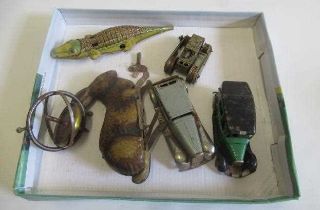 Playworn tin clockwork toys comprising Minic taxi, Minic saloon car, GAMA tank, Lehmann crocodile