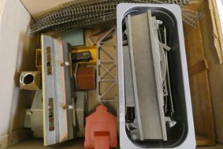 A quantity of two and three rail track, two P.O. wagons and Airfix line side accessories, F (Est.