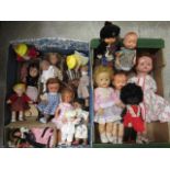 Two boxes of mixed vintage dolls, including a Lenci type sideways glancing doll, 3 Roddy dolls, a