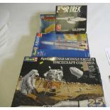Four Revell and A.M.T. space kits Apollo Moon Lander, Ariane Rocket, Enterprise and Stingray,