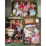 Three trays of mixed vintage dolls, comprising one tray of national costume dolls, one with mainly