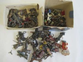 Playworn lead soldiers and farm figures, most items damaged or paint missing, P (Est. plus 24%