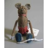 Clockwork tumbling mouse possibly by Schuco, plush finish with red pants, working order, F-G (Est.