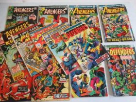 13 Marvel comics, comprising The Avengers no. 54, 94, 105 x2, 112, and 115, The Defenders no. 17, 24