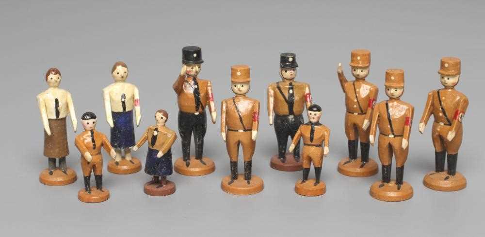 Very rare Erzgebirge German WWII military figures, 1930s, comprising four SA brown shirts (