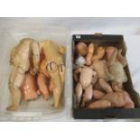 Two boxes including an Armand Marseille 351 baby doll (in parts) and eight assorted doll bodies