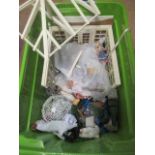 A box of dolls house dolls and outside accessories, including a conservatory, wire work pagoda and