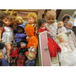 Two trays of mixed vintage dolls, including two Roddy dolls and other mainly plastic and vinyl