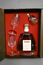 1 bottle Hine rare fine champagne cognac, in presentation box with two glasses & 1 5cl Hine