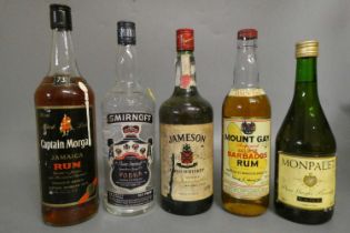 5 bottles of spirits, comprising 1 litre Jameson Irish whiskey, 1 bottle Mount Gay rum, 1 litre