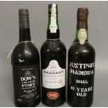 3 bottles of port comprising 1 Dow's 1986 crusted, 1 Graham's 1992 LBV and 1 Justino's 10 year old