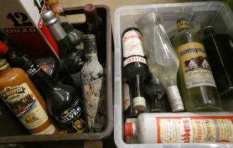 Two boxes of mixed alcohol and spirits, including Tia Maria, Harveys Tico Sherry, Sonnema vodka