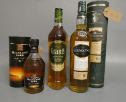 3 bottles of Scotch whisky, comprising 1 Glengoyne 10 year old single malt in tube, 1 350ml Highland