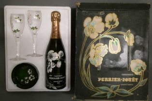 1 bottle Perrier-Jouet, 1973, Champagne, in gift set box with painted glasses & ash tray (Est.