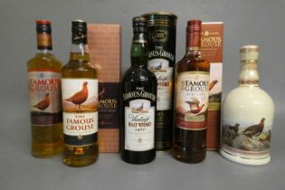 5 bottles of Famous Grouse whisky, comprising 1 Vintage 1987 malt whisky in metal tube, 1 in a