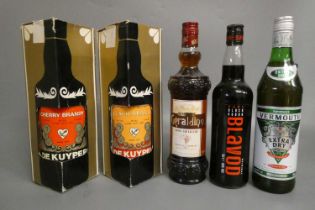 5 mixed liqueurs, comprising 1 litre boxed De Kuyper cherry brandy, 1 litre boxed De Kuyper peach
