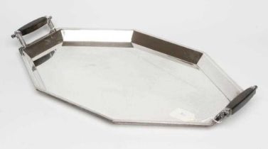 AN ART DECO SILVER TEA TRAY, maker Viners, Sheffield 1936, of octagonal form with reeded rim and two