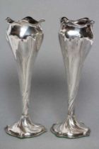 A PAIR OF EDWARDIAN ART NOUVEAU SILVER VASES, maker Robert Pringle, London 1906, of wrythen fluted