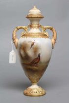A ROYAL WORCESTER CHINA VASE AND COVER, 1897, of rounded conical form with moulded shoulders and two