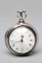 A GEORGE III IRISH PAIR CASED POCKET WATCH, the white enamel dial with Roman and Arabic numerals,