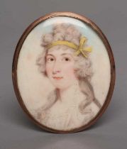 ENGLISH SCHOOL (c.1800) A Lady, wearing a yellow ribbon in her hair, oval miniature on ivory with