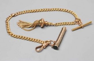 AN ALBERT CHAIN with bar and dog-clip fastener, all stamped 625, 15, pendant with an unmarked tassel